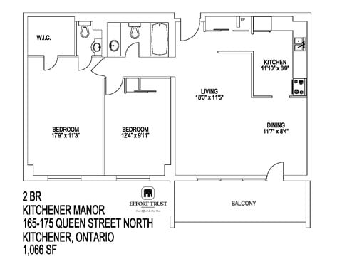Floor plan for 2 beds, 1 bath, 900 sqft